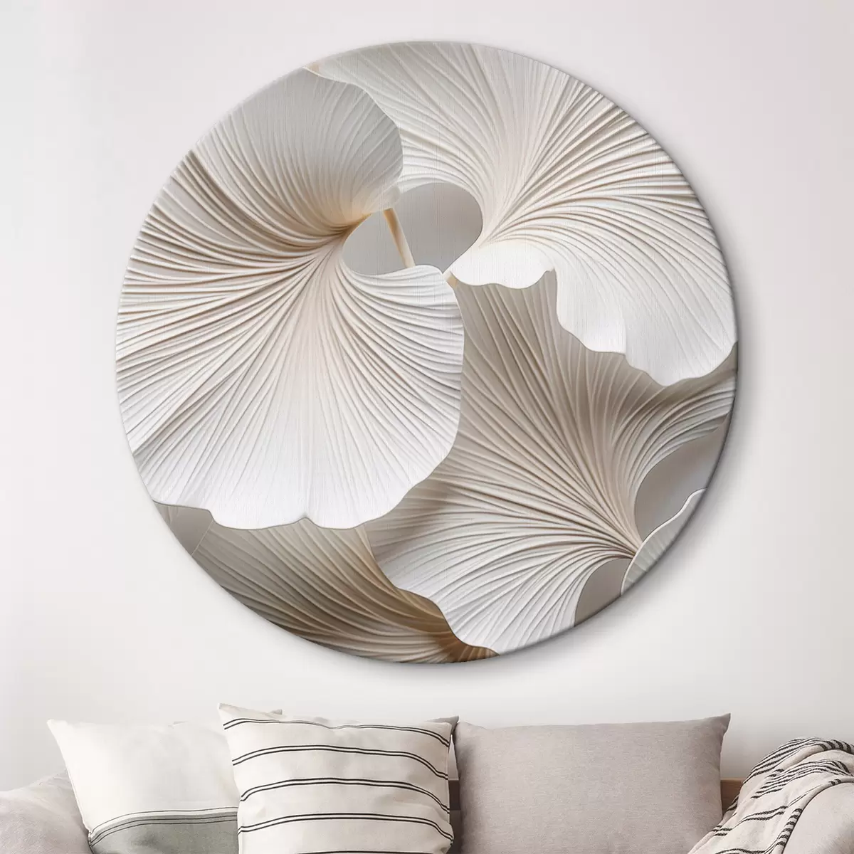 Okrúhle obrazy Biele listy ginkgo biloba s detailnými žilkami, jemným osvetlením, textúrovaným elegantným a minimalistickým dizajnom r46705