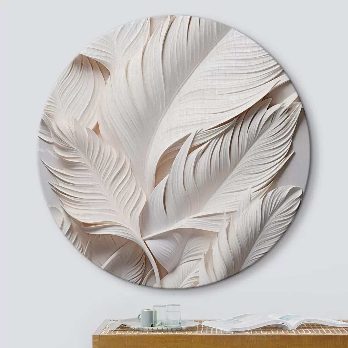 Okrúhle obrazy Biele listy so zložitými detailmi, ktoré vytvárajú textúrovaný a vrstvený efekt, minimalistické umenie r46706