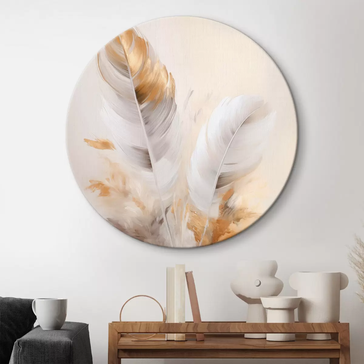 Okrúhle obrazy Abstraktné pierka, obklopené béžovými a hnedými chmýrami, jemné a delikátne, na svetlo béžovom pozadí. r46711