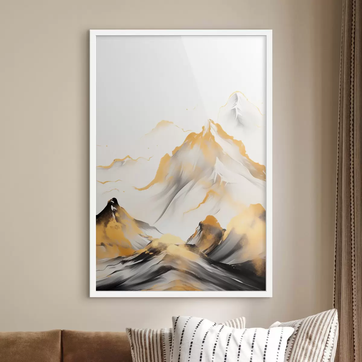 Plagáty Textúrované žlté a čierne hory so zasneženými vrcholmi, štýl maľby tušom, minimalistické pohorie f46683