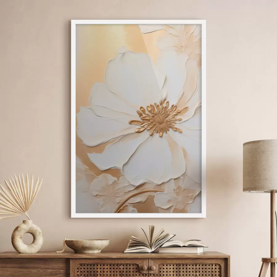 Fototapety Biela kvetina s jemnými okvetnými lístkami s imitáciou hustých ťahov štetcom na svetlooranžovom textúrovanom pozadí f46691