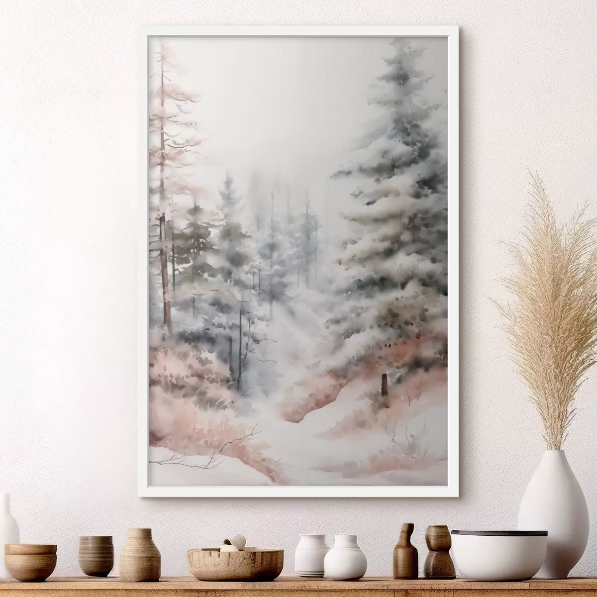 Plagáty Vysoké borovice pokryté snehom, stojace v hmlistom lese, jemná, tlmená zimná scéna f46702