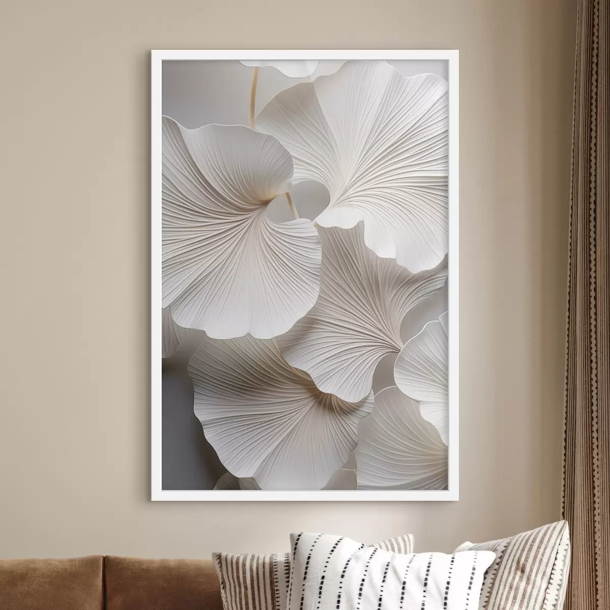 Plagáty Biele listy ginkgo biloba s detailnými žilkami, jemným osvetlením, textúrovaným elegantným a minimalistickým dizajnom f46705