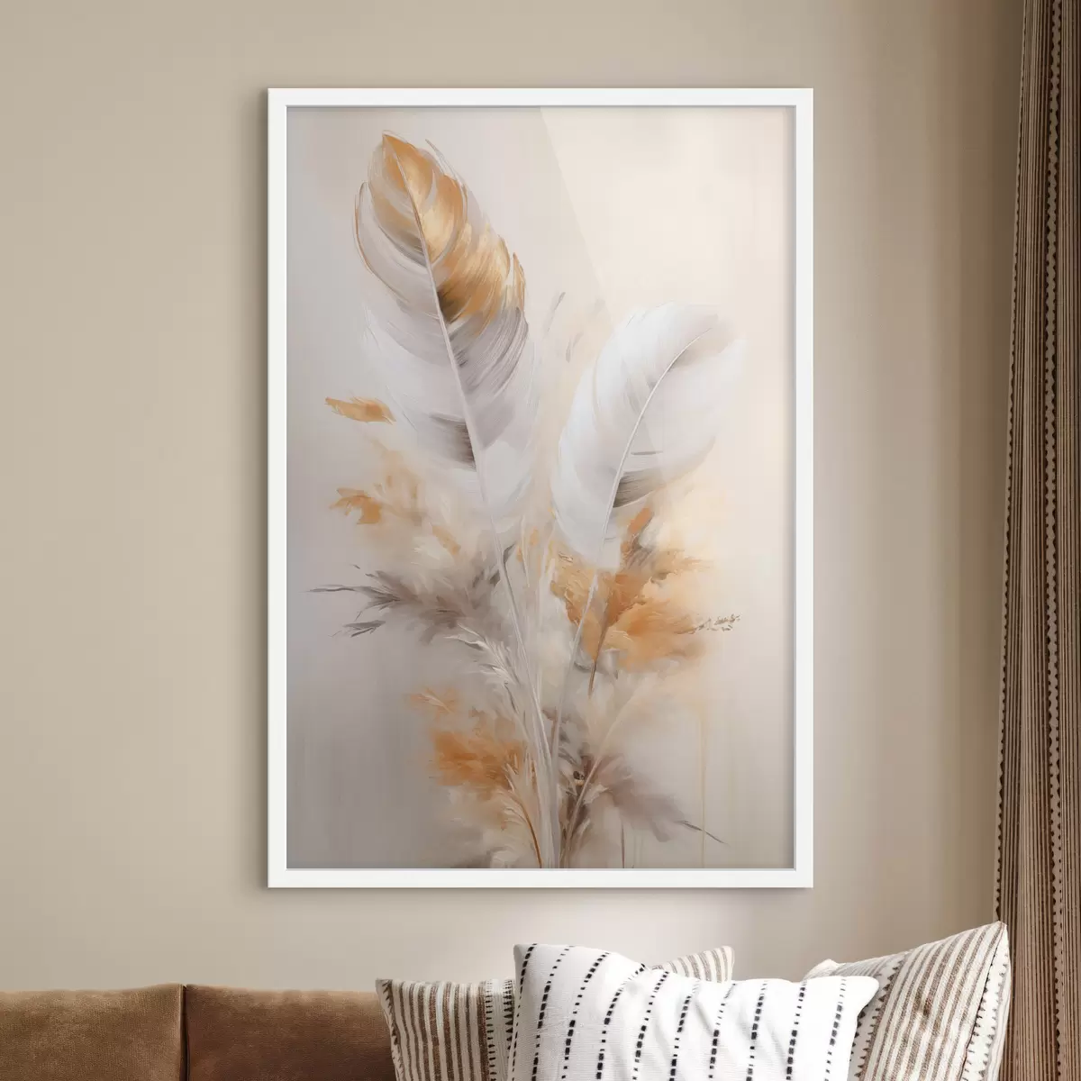 Plagáty Abstraktné pierka, obklopené béžovými a hnedými chmýrami, jemné a delikátne, na svetlo béžovom pozadí. f46711