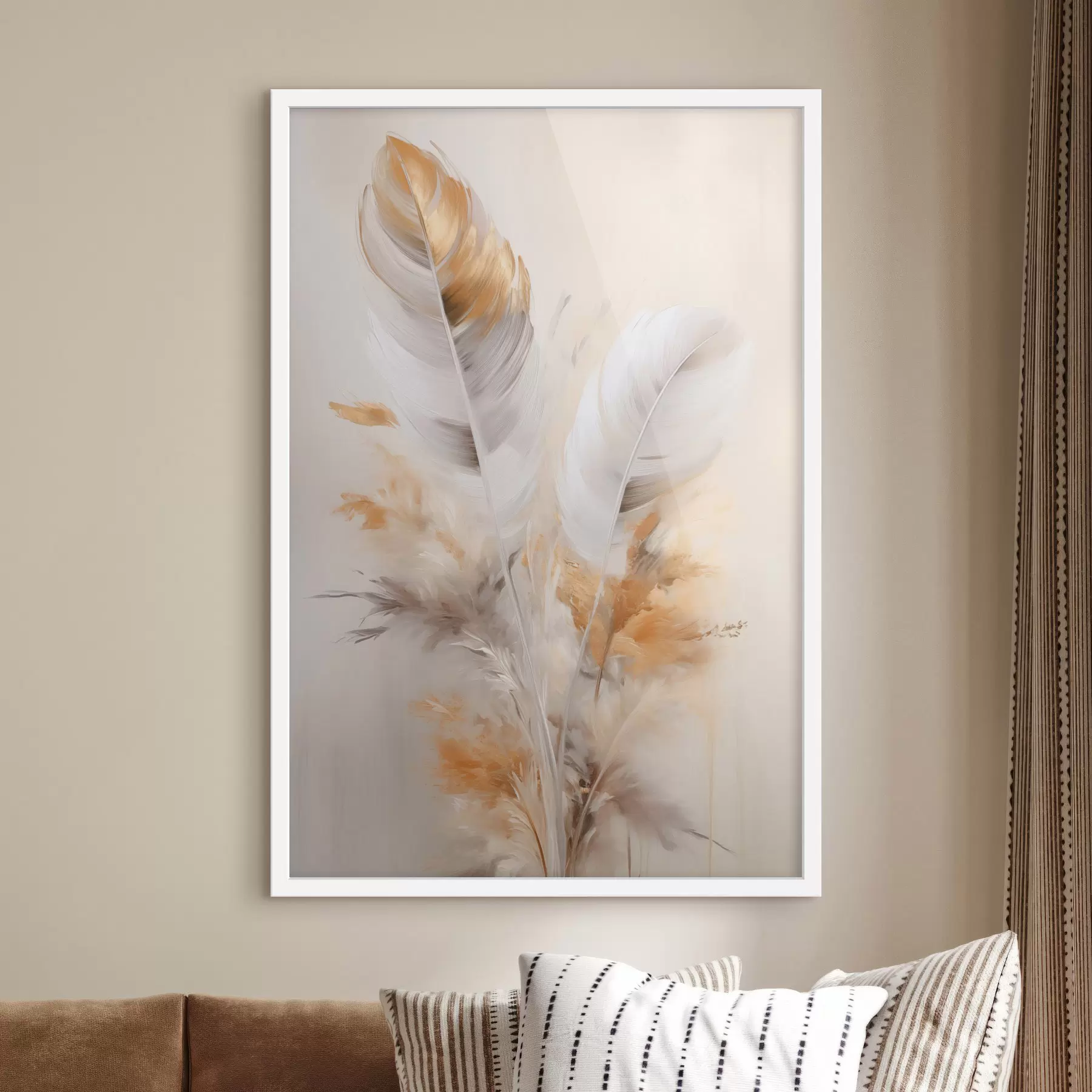 Fototapety Abstraktné pierka, obklopené béžovými a hnedými chmýrami, jemné a delikátne, na svetlo béžovom pozadí f46711