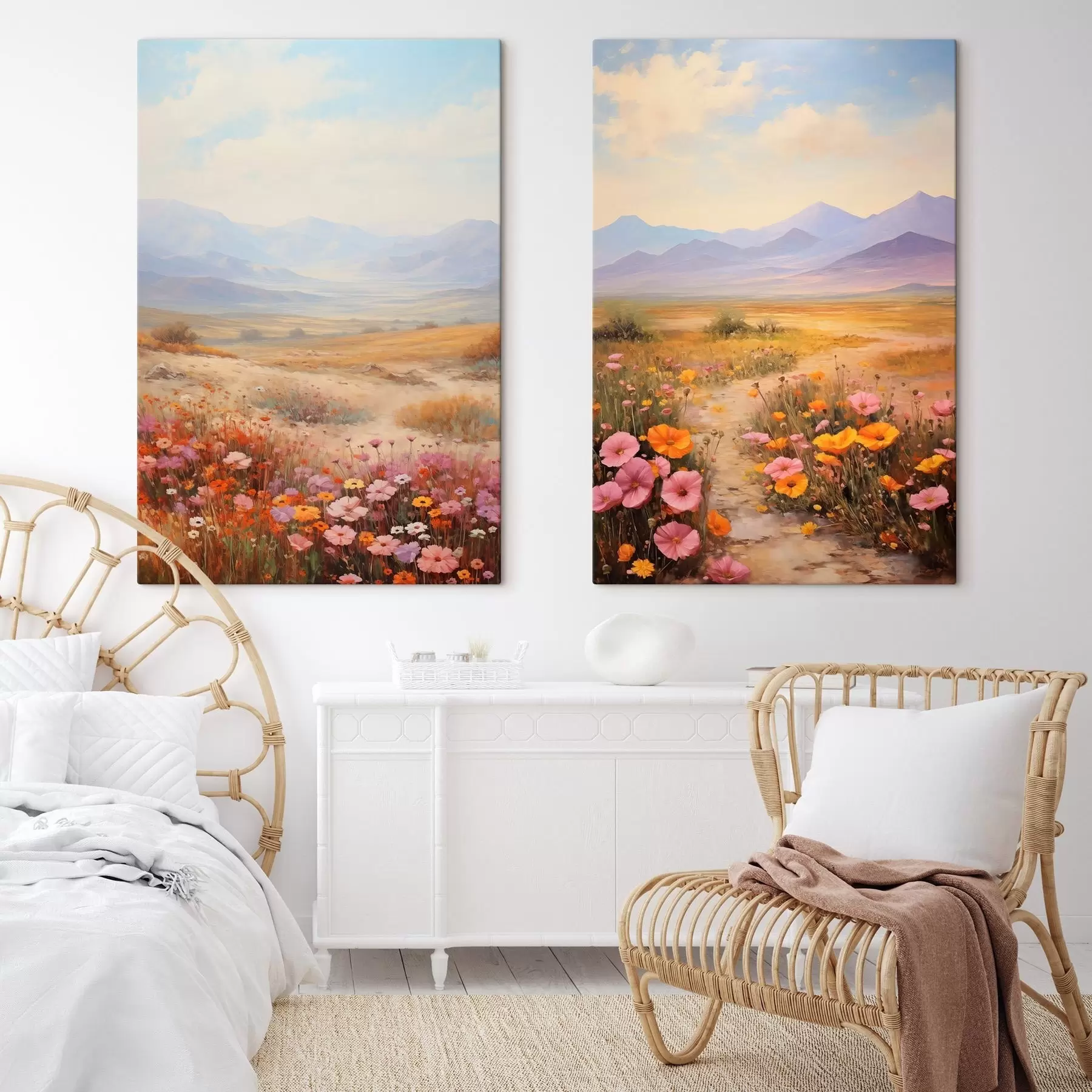 Obraz Krajina, pole farebných kvetov s horami v pozadí, jemné pastelové farby m01003