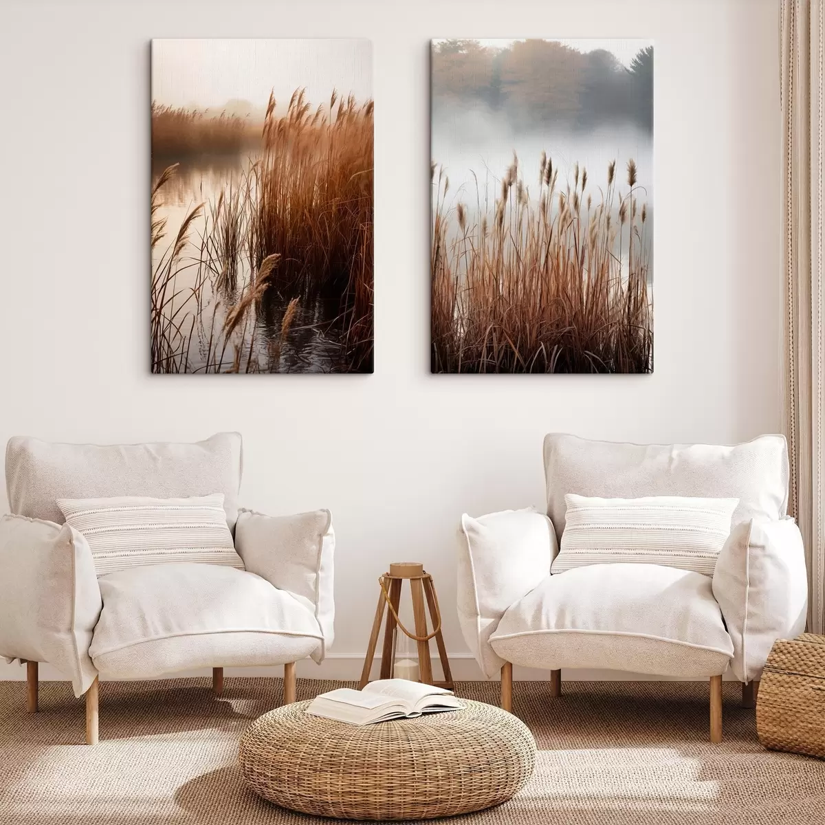 Obraz Vysoké trstiny rastúce vo vode, voda odráža trstiny, hmlisté pozadie, mäkké svetlo, prírodná scéna m01008