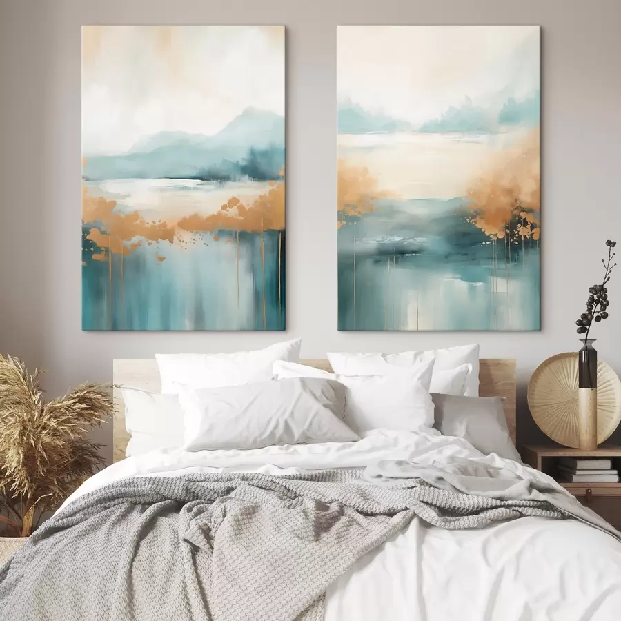 Obraz Abstraktná krajina s horami a jazerom v modrozelenej a textúrovanej žltej farbe, jemné ťahy štetcom, minimalistické umelecké dielo m01012