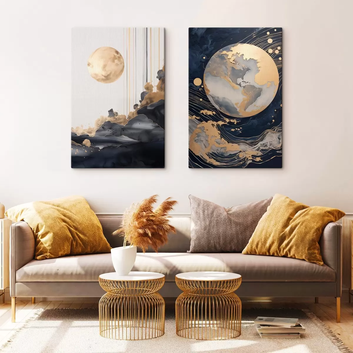 Obraz Textúrovaná dekoratívna planéta vo vesmíre so žltými čiarami a bodkami, abstraktný štýl, minimalistický a moderný m01014