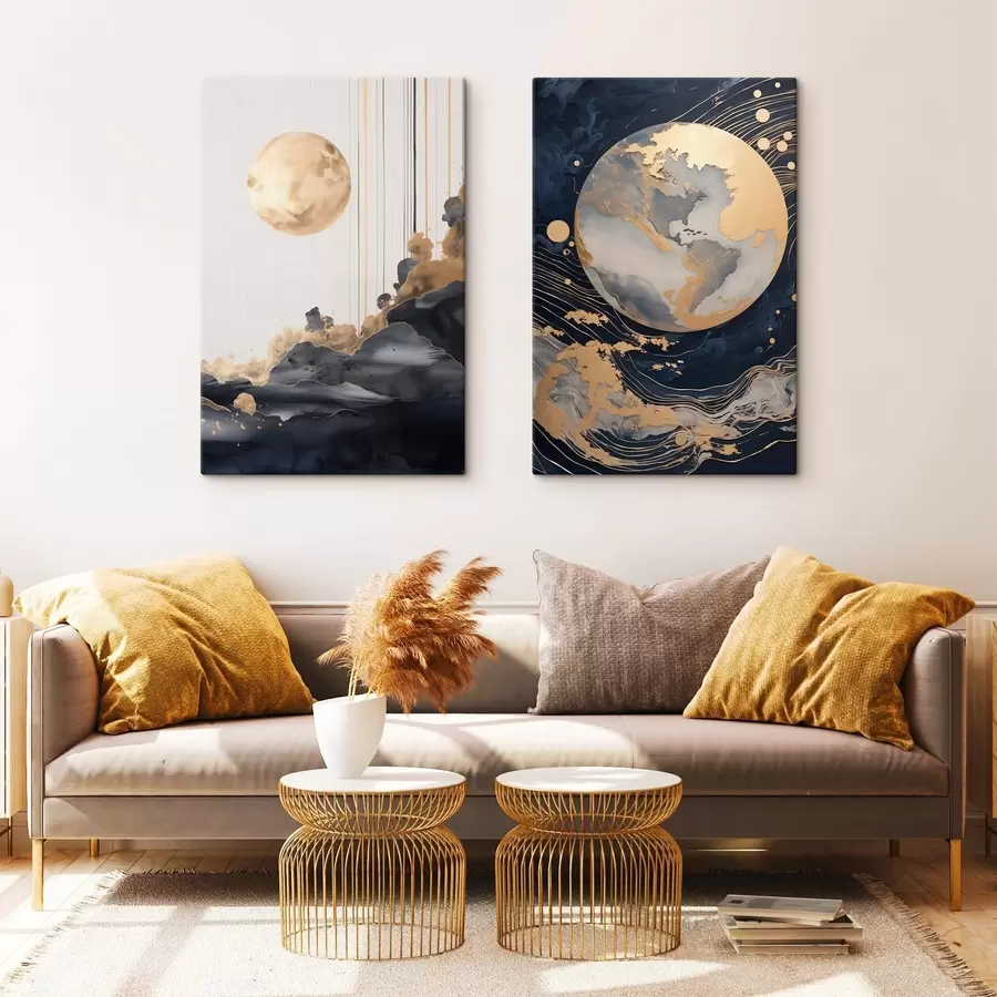 Obraz Textúrovaná dekoratívna planéta vo vesmíre so žltými čiarami a bodkami, abstraktný štýl, minimalistický a moderný m01014