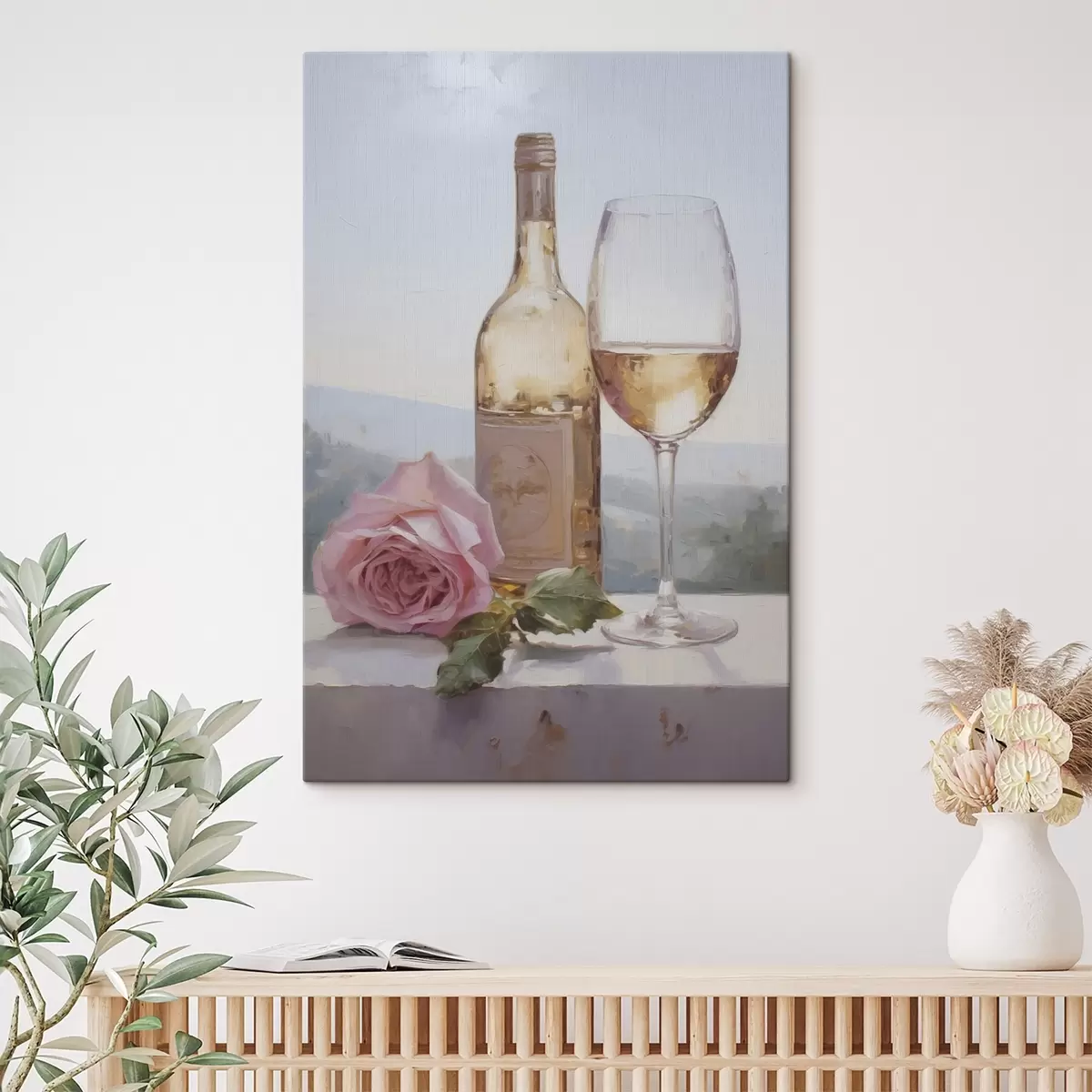 Obraz Fľaša a pohár vína a malý pes s okuliarmi, imitácia maľby s46721