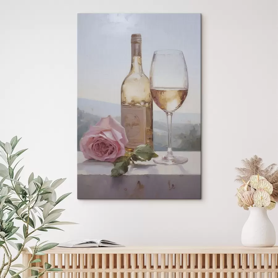 Obraz Fľaša a pohár vína a malý pes s okuliarmi, imitácia maľby s46721