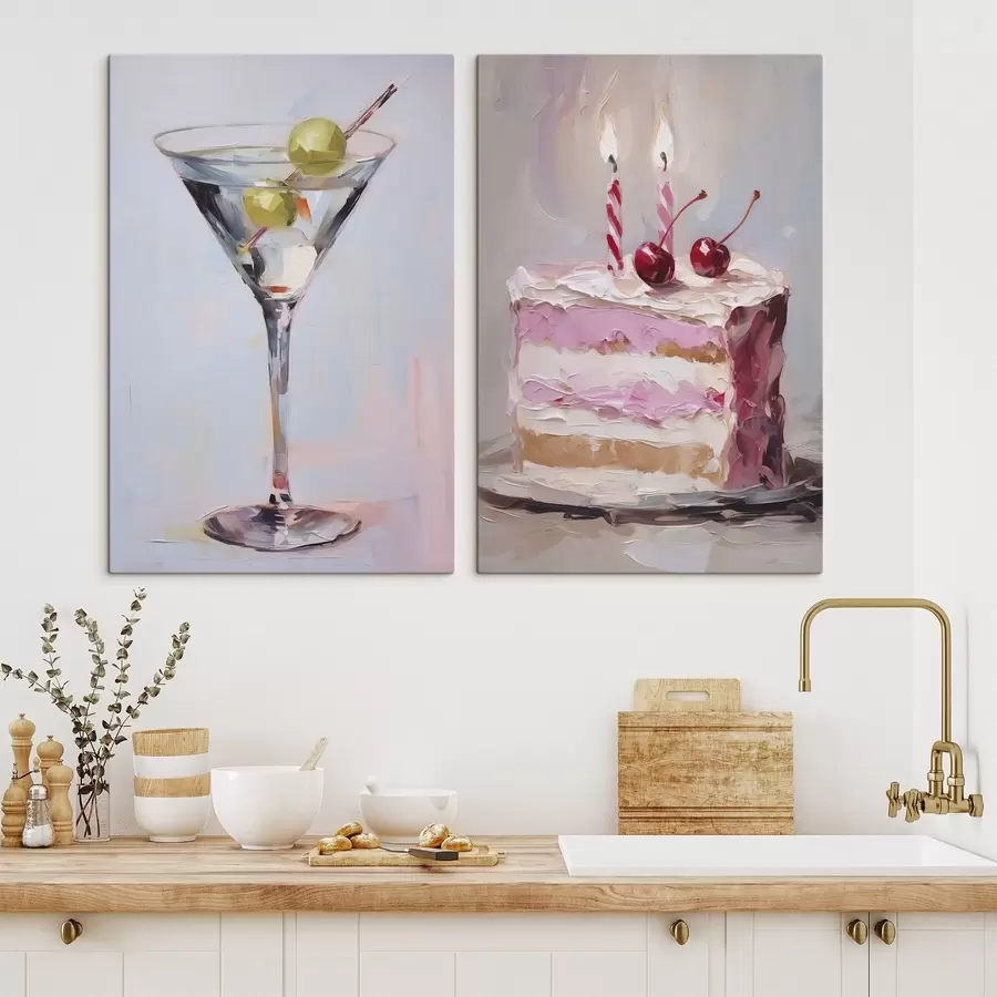 Obraz Sklenená pohár s nápojom a kúsok torty imitácia maľby m01019