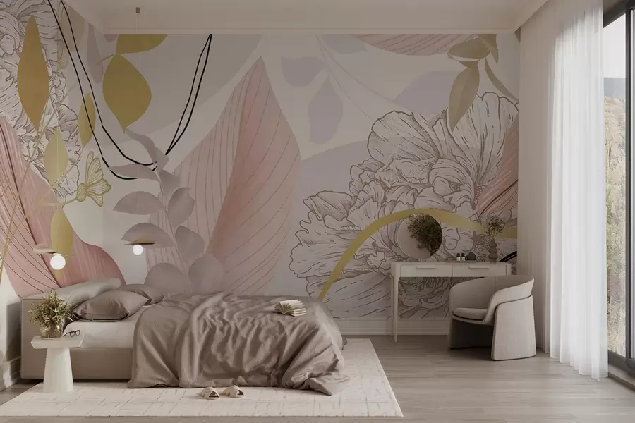 Fototapety Abstraktná kvetinová potlač s veľkými listami v odtieňoch tlmeného ružového, žltého s tenkými čiernymi čiarami a bielymi kvetinovými obrysmi w09544v1