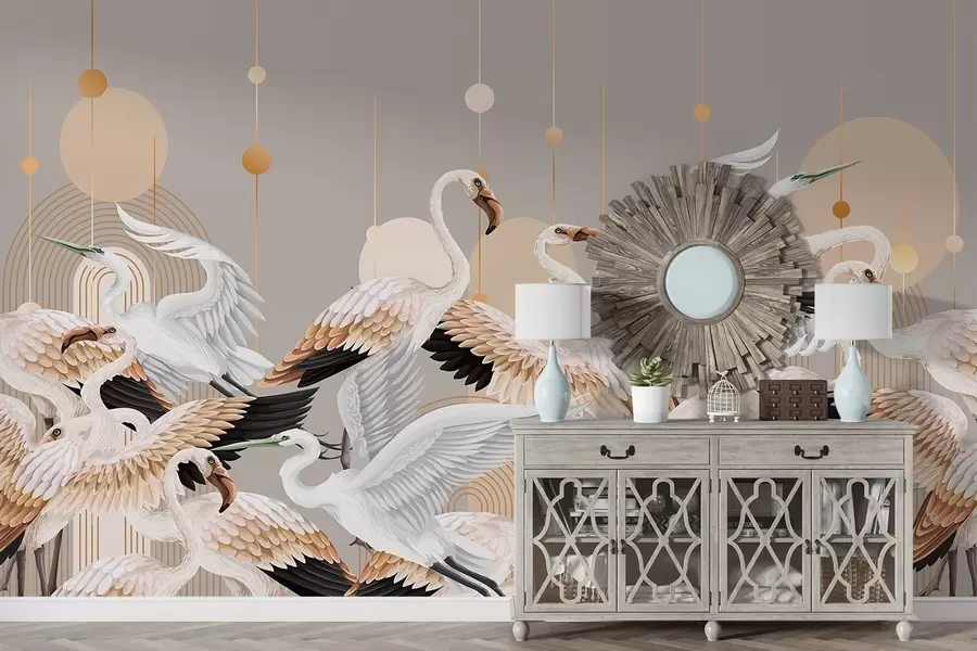 Fototapety Kŕdeľ bielych plameniakov s jemnými krídlami na neutrálnom pozadí so žltými čiarami a kruhmi w09546v1