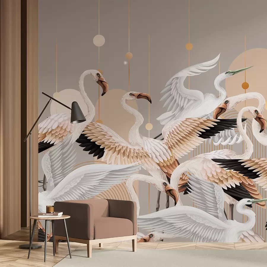 Fototapety Kŕdeľ bielych plameniakov s jemnými krídlami na neutrálnom pozadí so žltými čiarami a kruhmi w09546v1