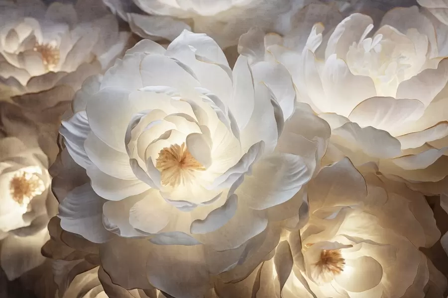 Fototapety Veľké, biele fantazijné kvety pivonky so žltým stredom, jemným osvetlením a jemnými, textúrovanými vrstvenými okvetnými lístkami. w09550