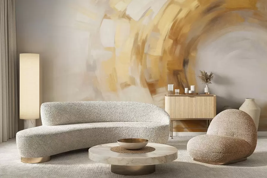 Fototapety Imitácia abstraktnej maľby s kruhovými štruktúrovanými ťahmi štetcom v žltej a bielej farbe, vytvárajúca dojem pohybu w09558