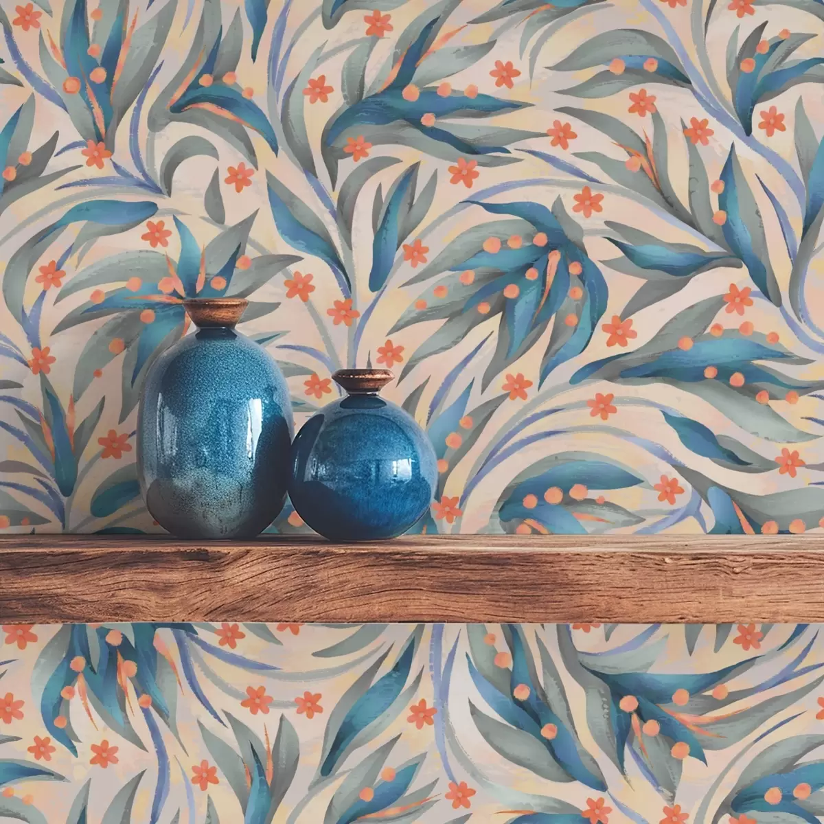 Tapety Abstraktné modré lístie s koralovými kvetmi a00852