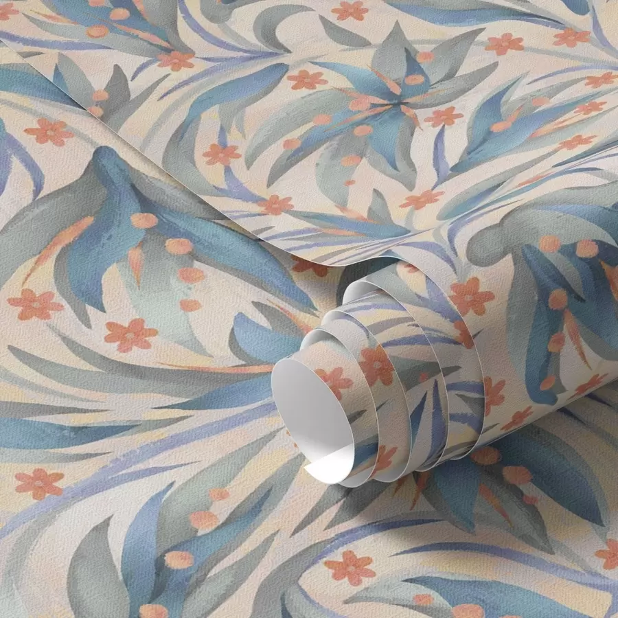 Fototapety Abstraktné modré lístie s koralovými kvetmi a00852