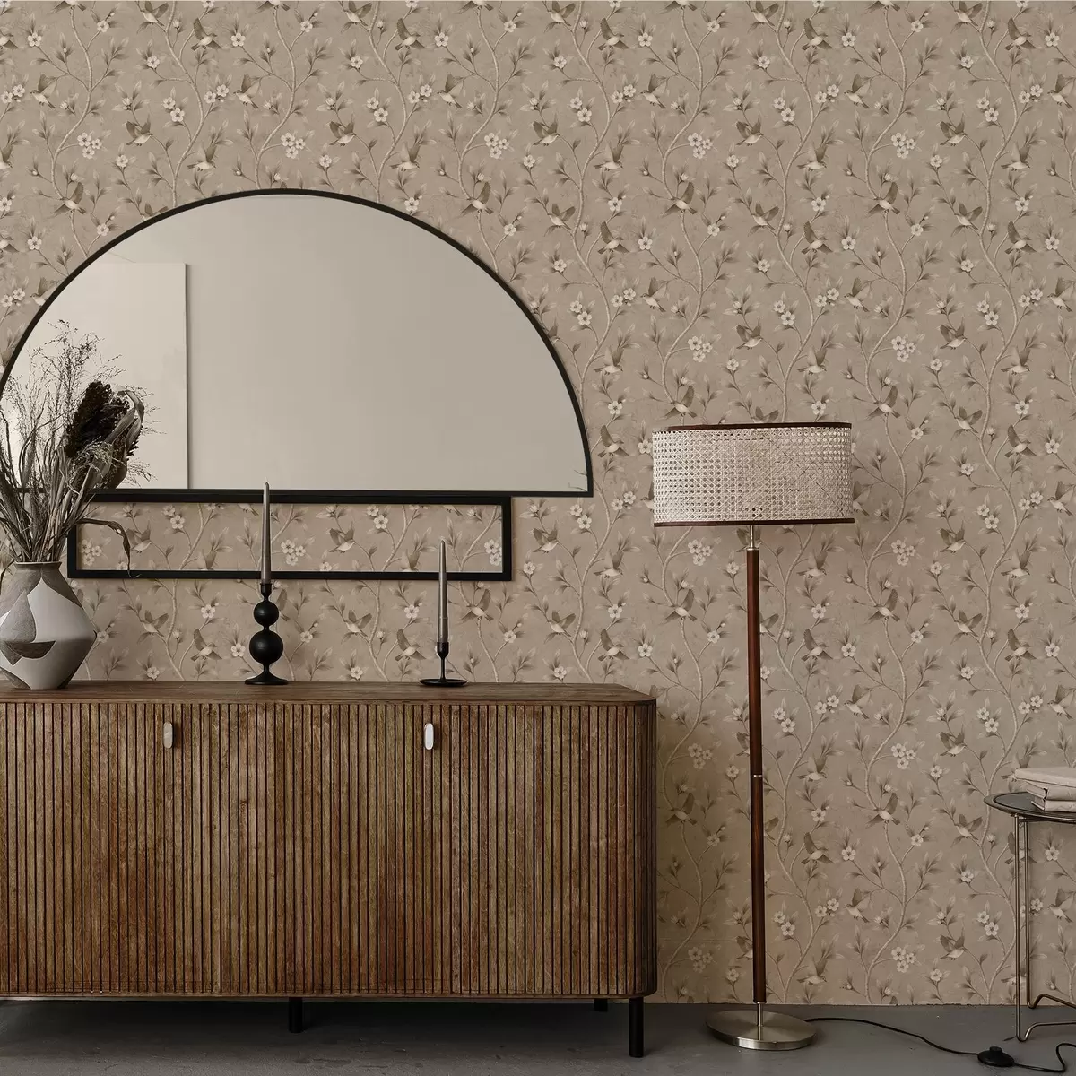 Tapety Vtáky a kvitnúce vetvy v teplých sépia odtieňoch a00882