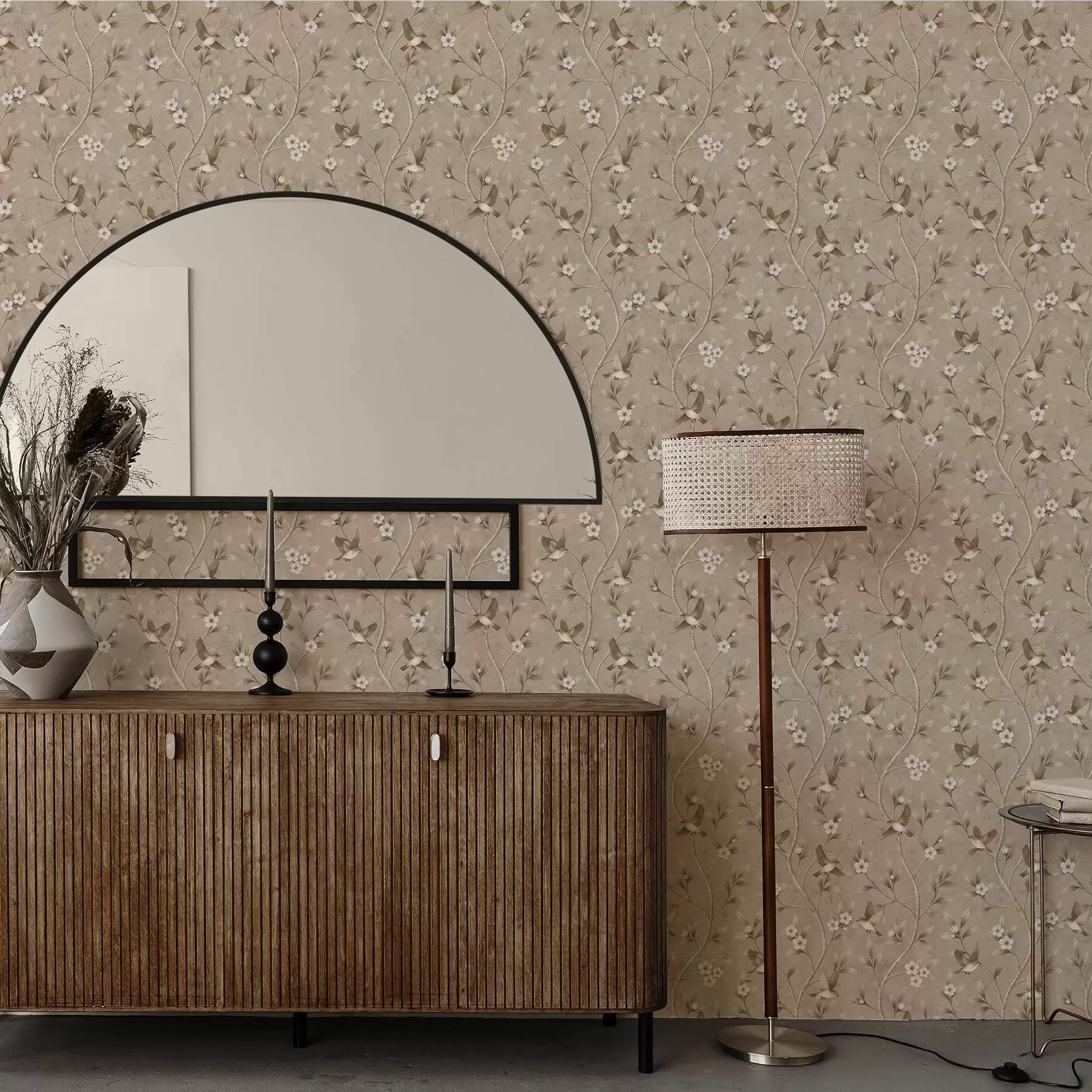 Fototapety Vtáky a kvitnúce vetvy v teplých sépia odtieňoch a00882