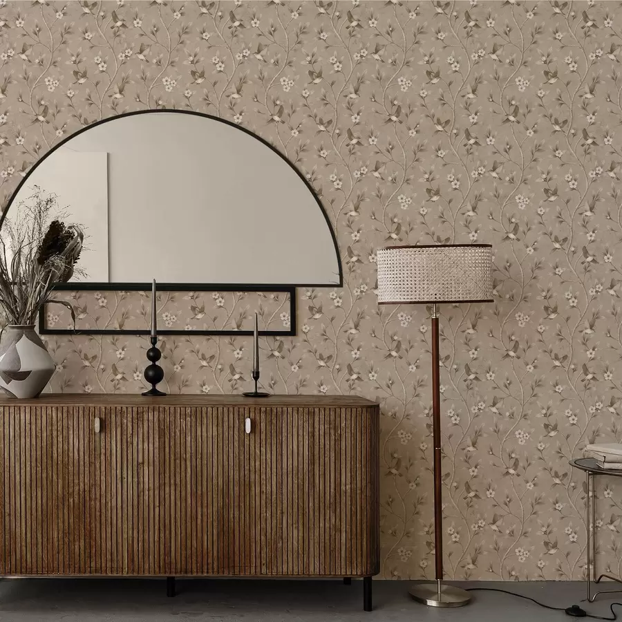 Fototapety Vtáky a kvitnúce vetvy v teplých sépia odtieňoch a00882