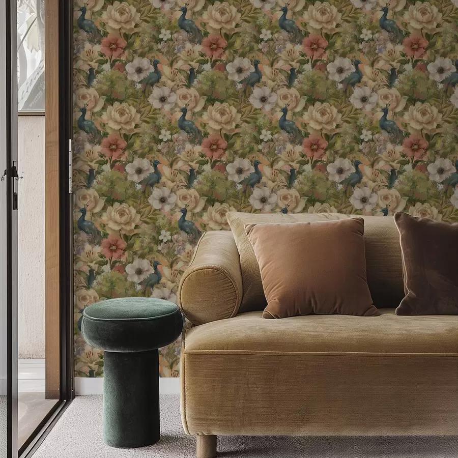 Fototapety Maľovateľná záhrada s pávmi a veľkými kvetmi a00885