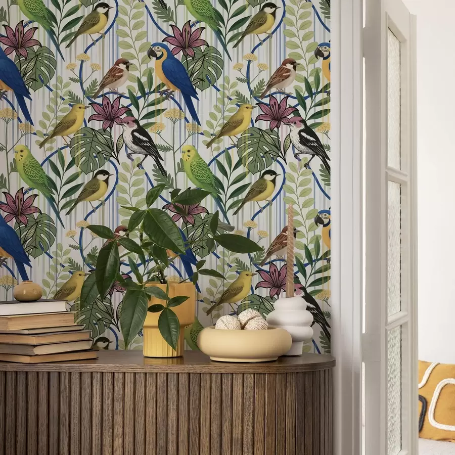 Fototapety Jasné exotické vtáky medzi tropickou zeleňou a00887