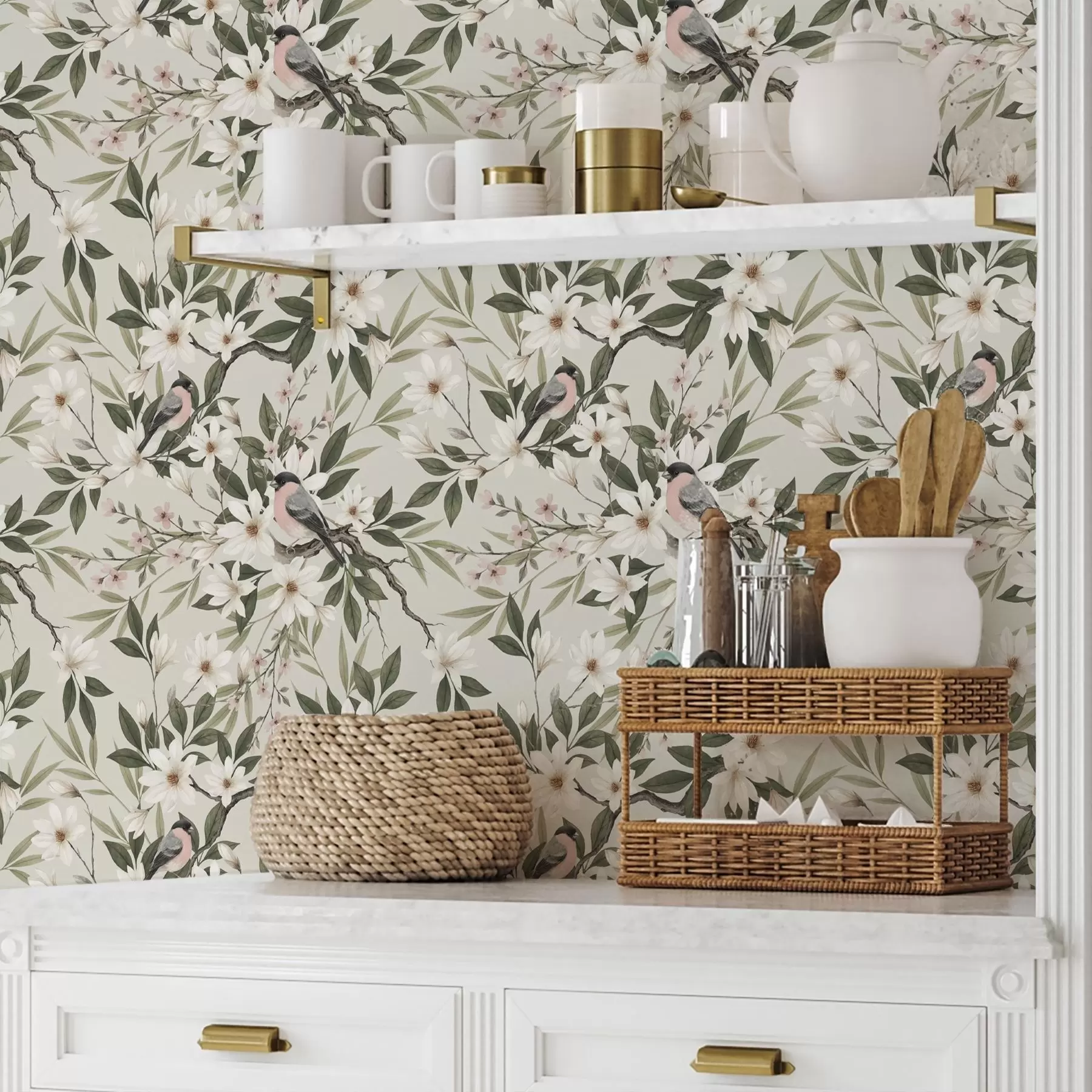 Fototapety Hlucháne s bielymi hrudami na konároch s krémovými kvetmi a00889