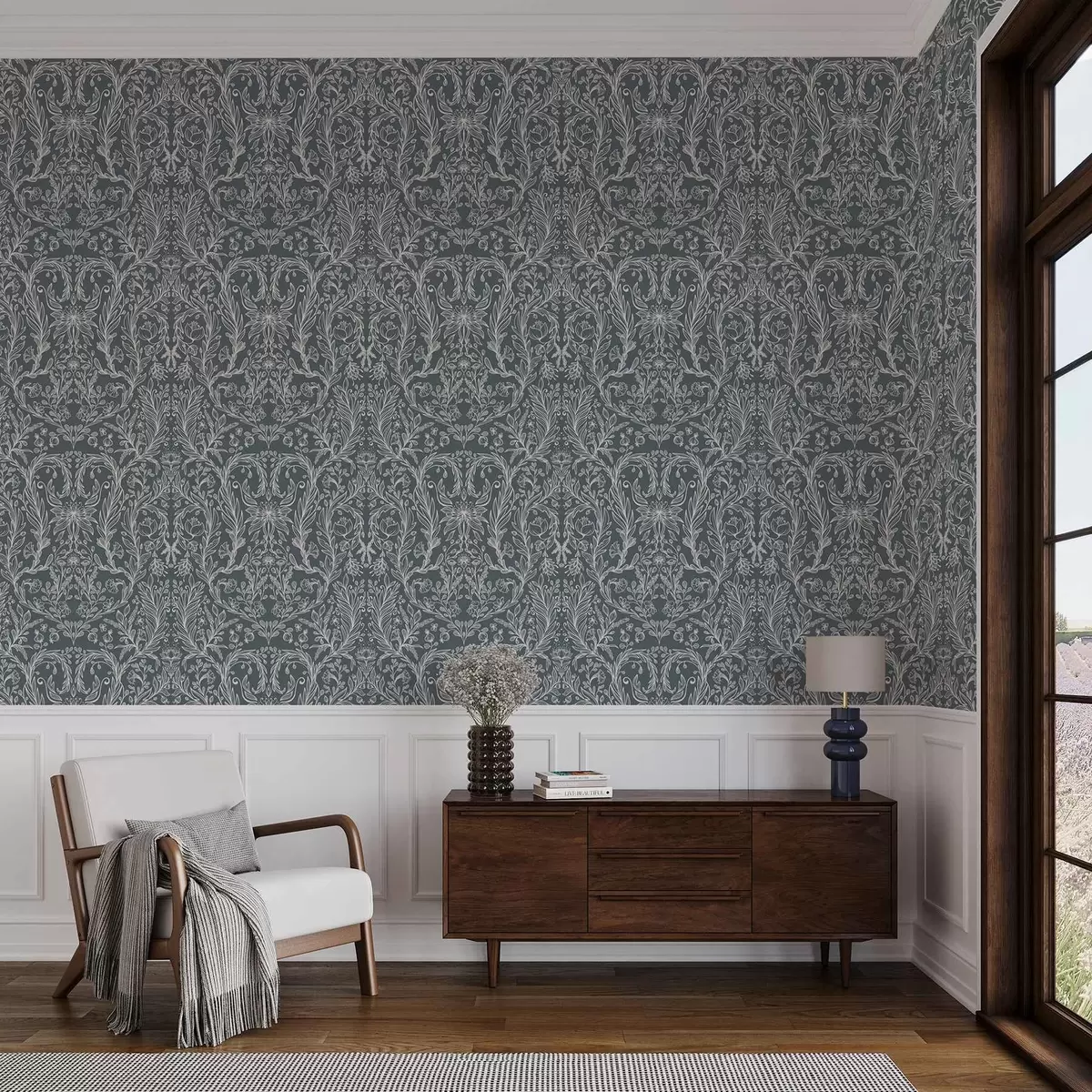 Tapety Lineárny kvetinový ornament na modro-sivom pozadí a00929v1