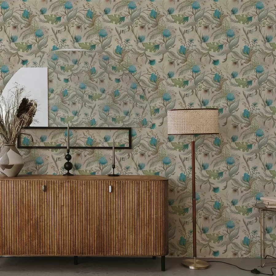 Fototapety Modré púčiky a listy na svetlo béžovom pozadí a00930