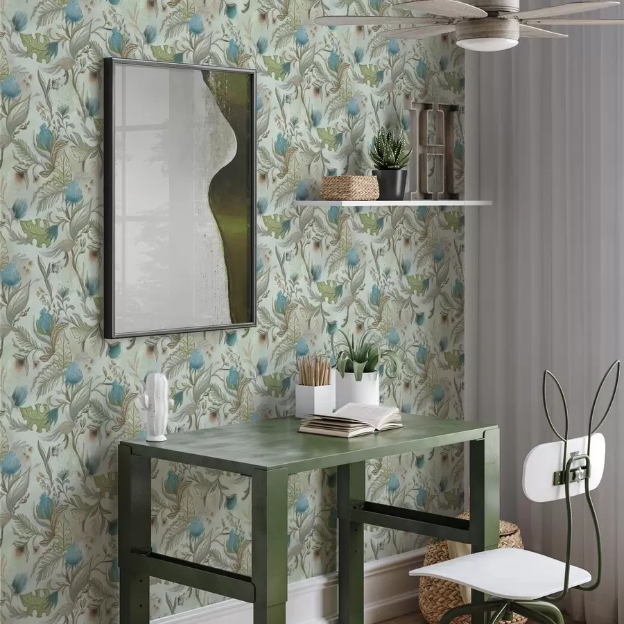 Fototapety Modré kvety a zeleň na jemnom mätovom pozadí a00930v1