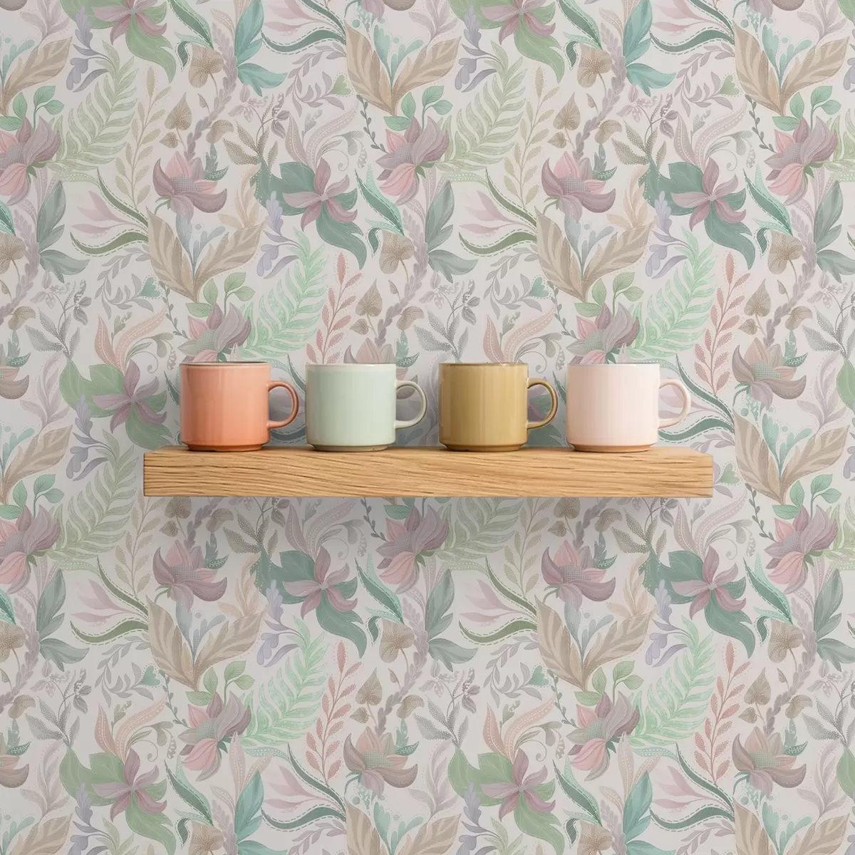 Tapety Jemné pastelové kvety a listy na svetlom pozadí a00931