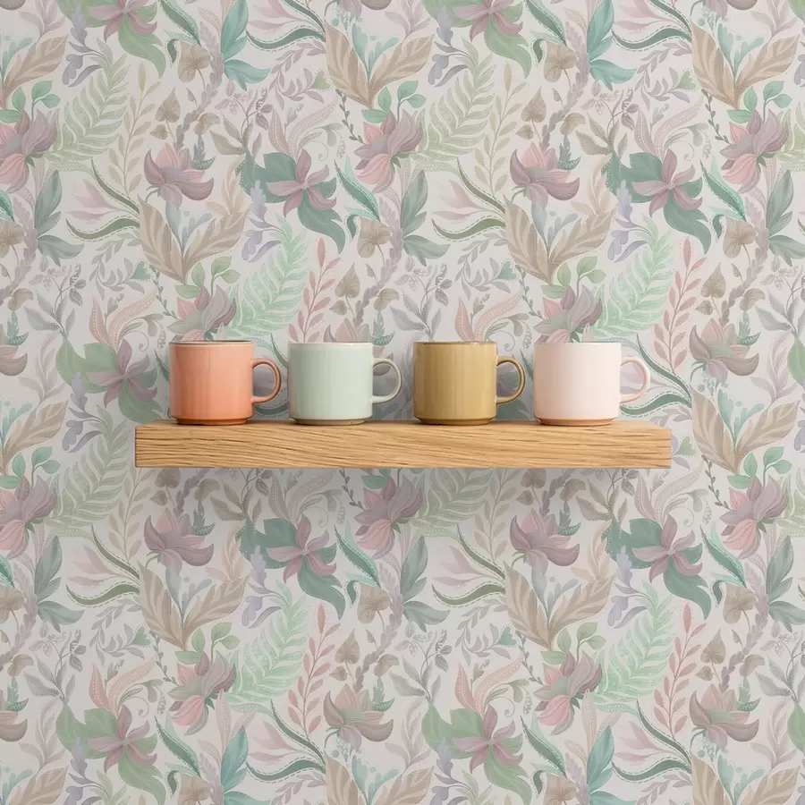 Fototapety Jemné pastelové kvety a listy na svetlom pozadí a00931