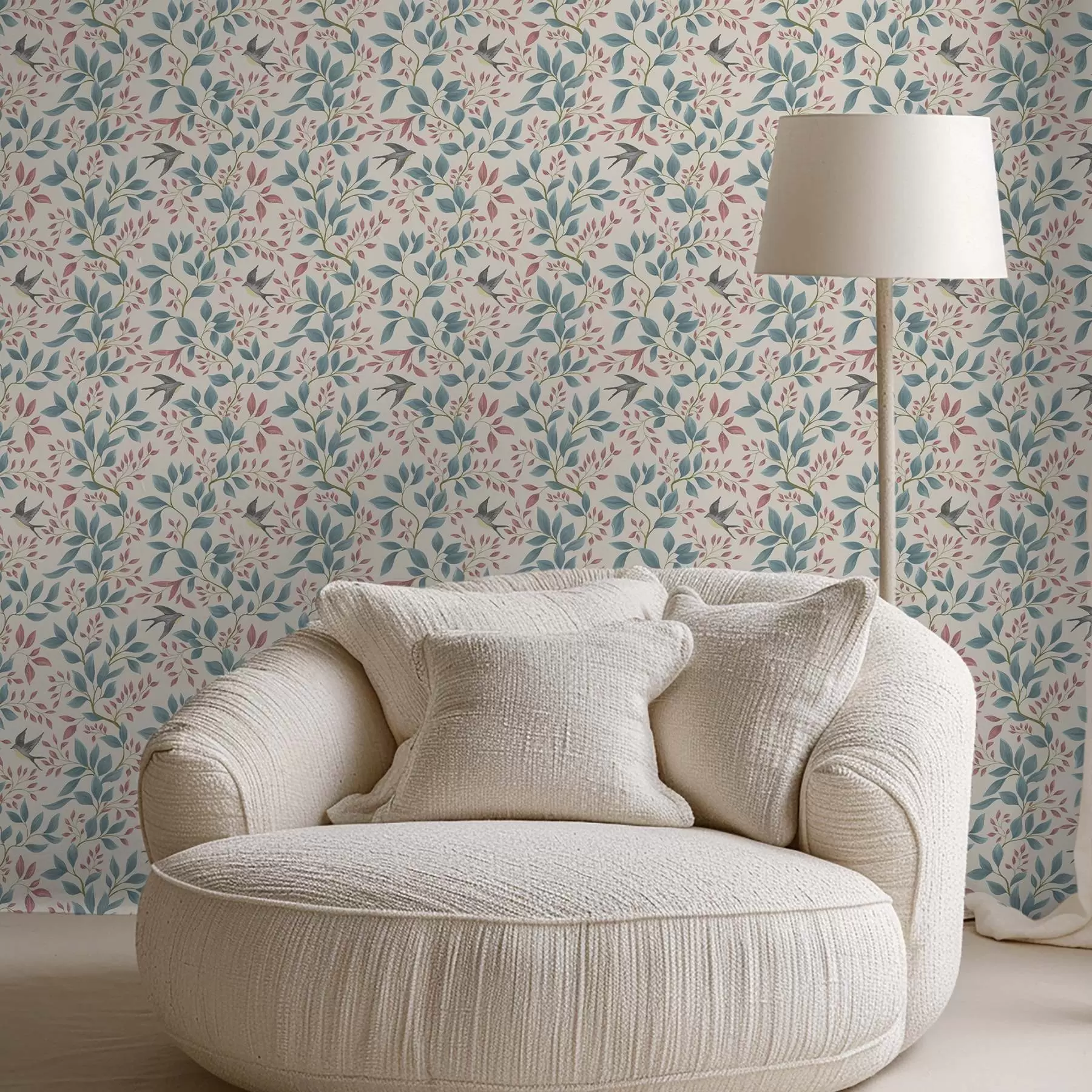 Fototapety Modré a ružové vetvy s vtákmi na smotanovom pozadí a00933