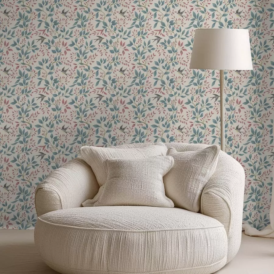 Fototapety Modré a ružové vetvy s vtákmi na smotanovom pozadí a00933