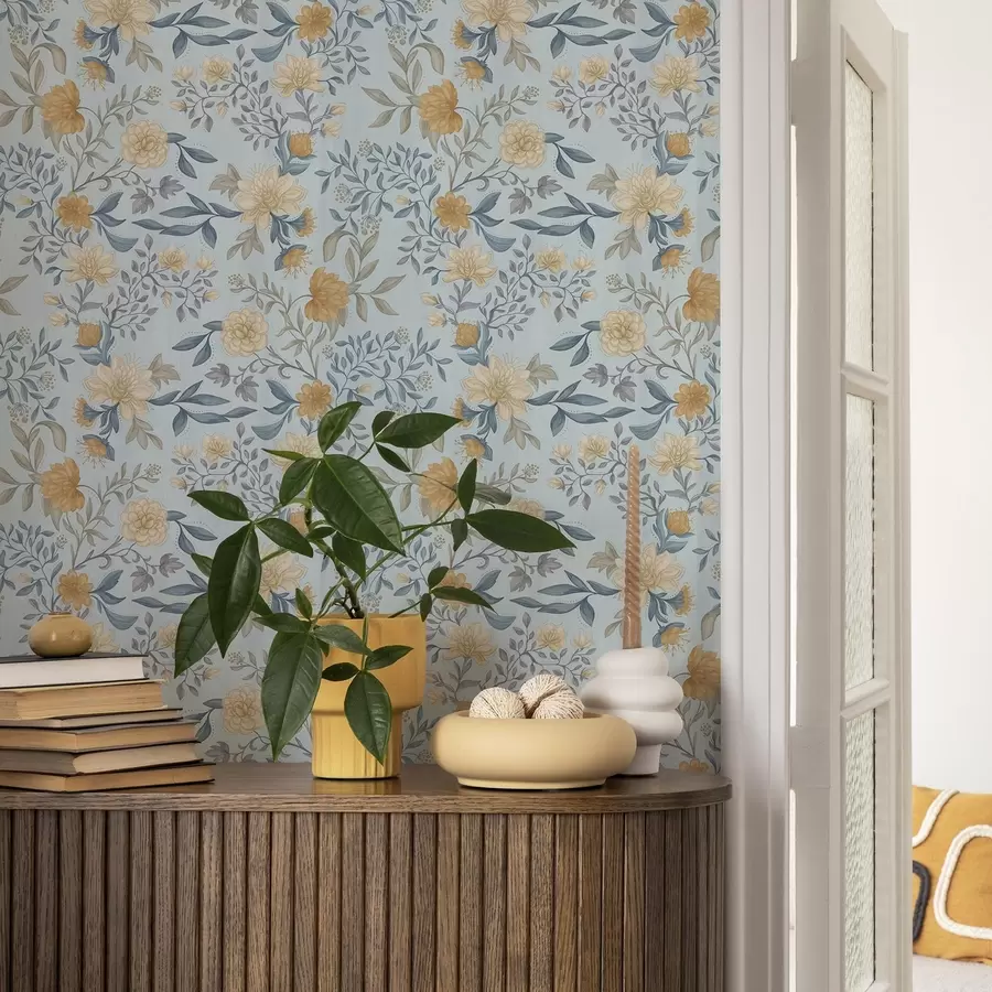 Fototapety Žlté a modré kvety s listami na modrom pozadí a00934