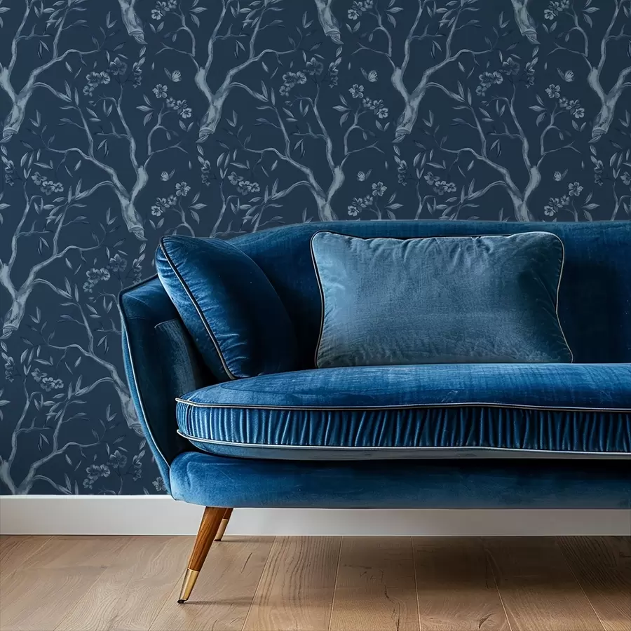 Fototapety Modré kvitnúce vetvy s motýľmi na tmavom pozadí a00951v1