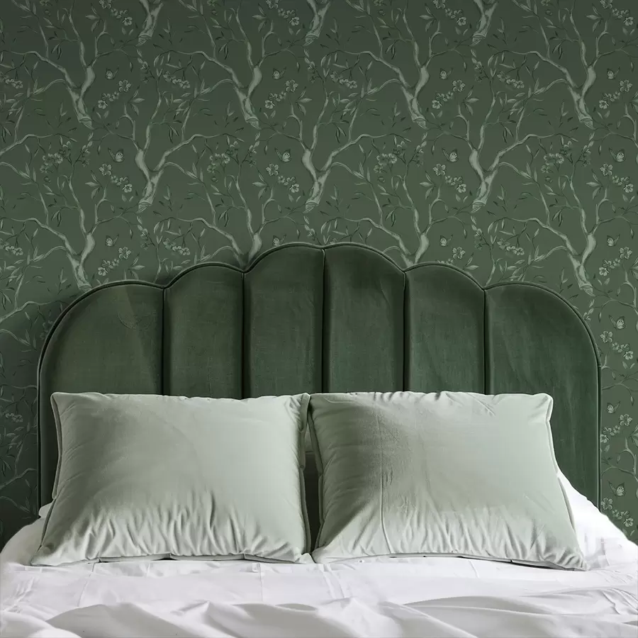 Fototapety Zelené kvitnúce vetvy s motýľmi na tmavom pozadí a00951v3