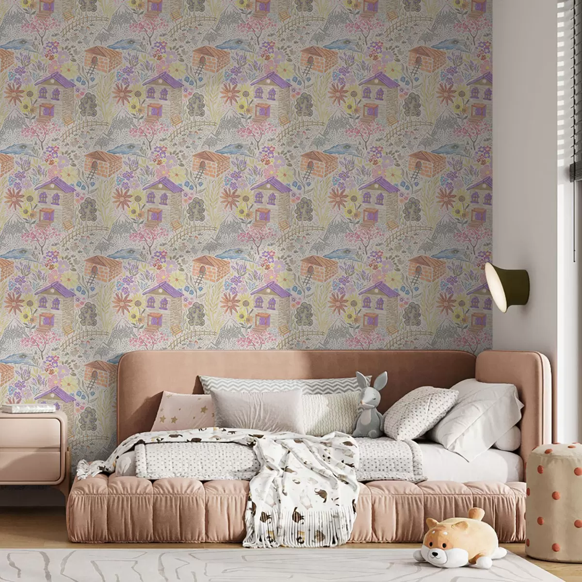 Tapety Detská kresba dediny s domom, horami a kvetmi a00952