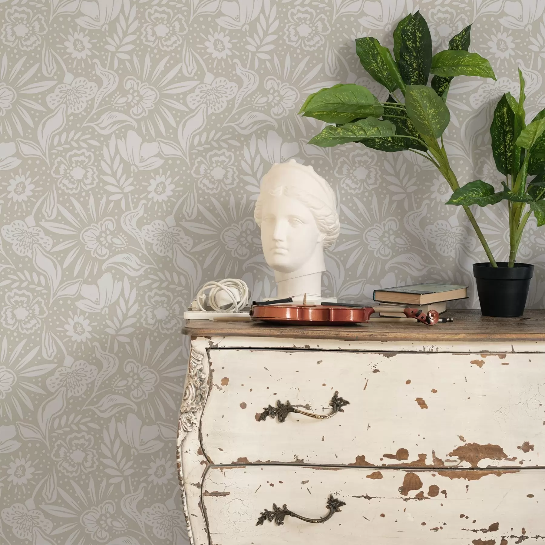 Fototapety Biely lineárny kvetinový ornament na béžovom pozadí a00956