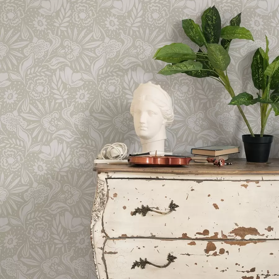 Fototapety Biely lineárny kvetinový ornament na béžovom pozadí a00956