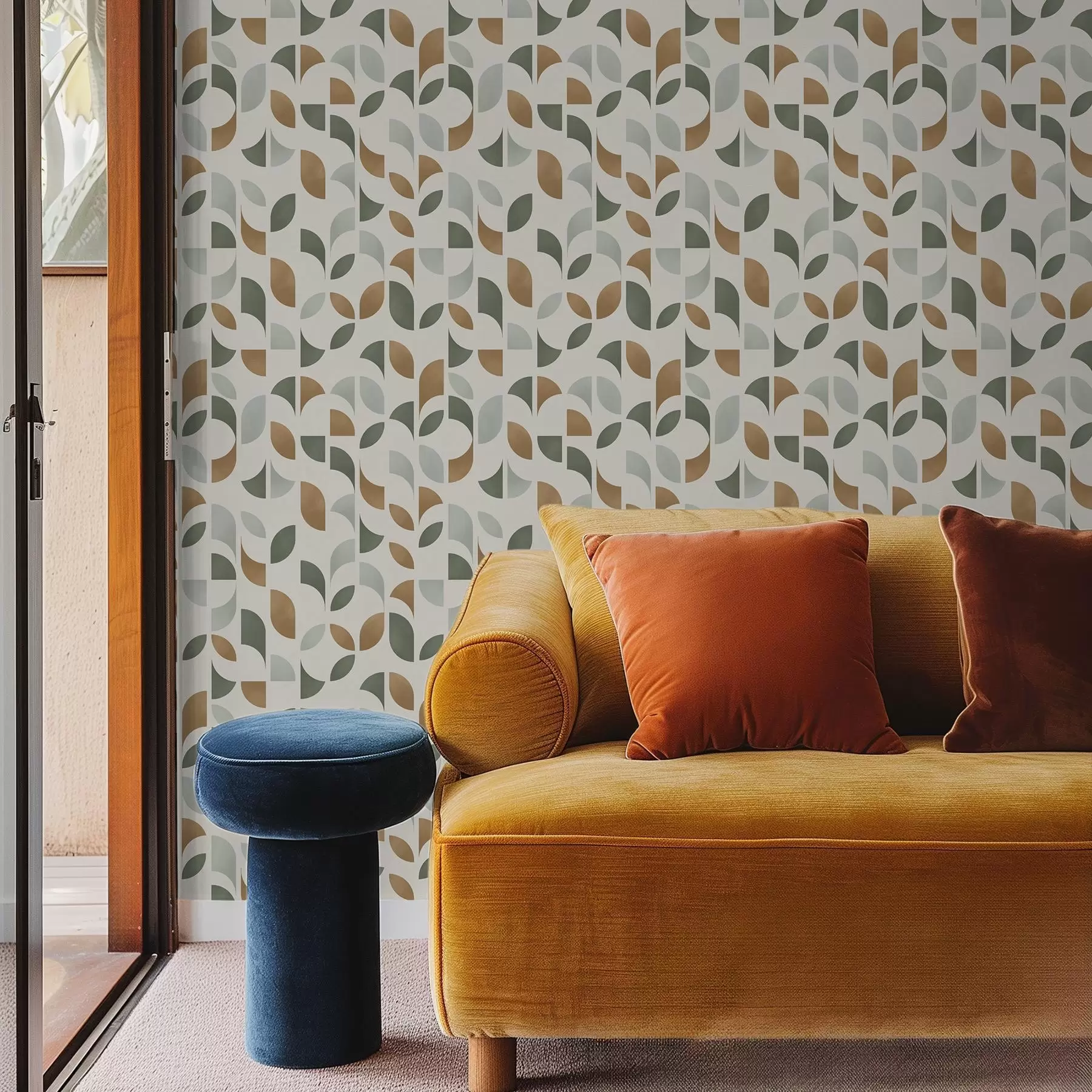 Fototapety Vertikálne stĺpiky z polkruhov a listov, zelená terakota a00986