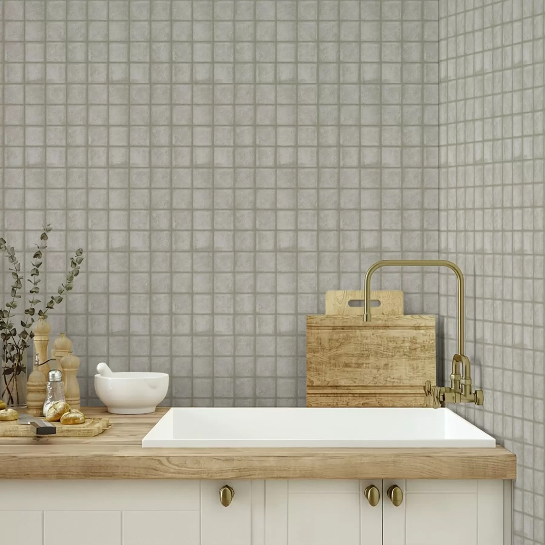 Fototapety Imitácia štvorcových dlaždíc v jemnej šedo-zelenej farebnej palete a00988