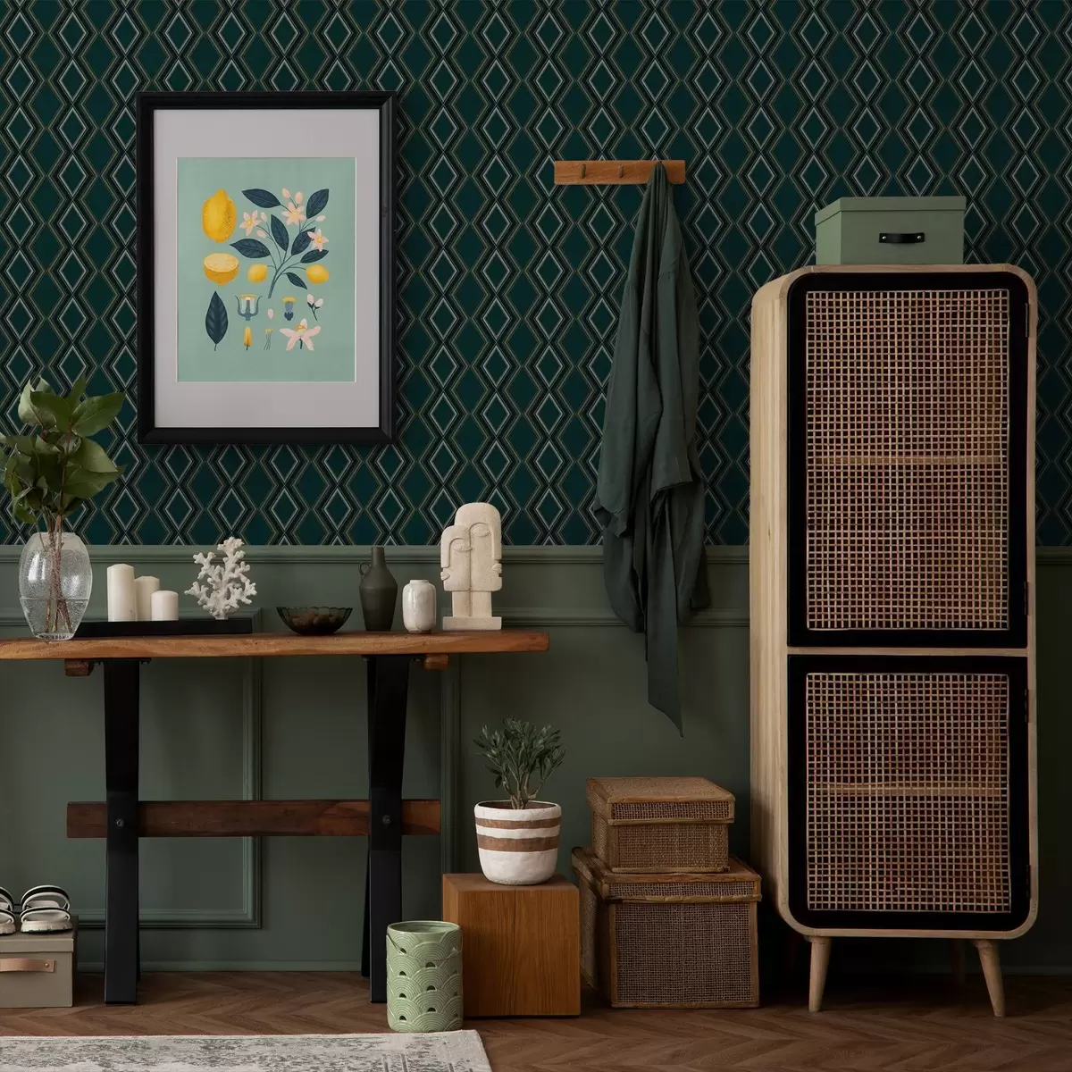 Tapety Tmavo zelenomodré pozadie s vertikálnymi radmi diamantov a00976