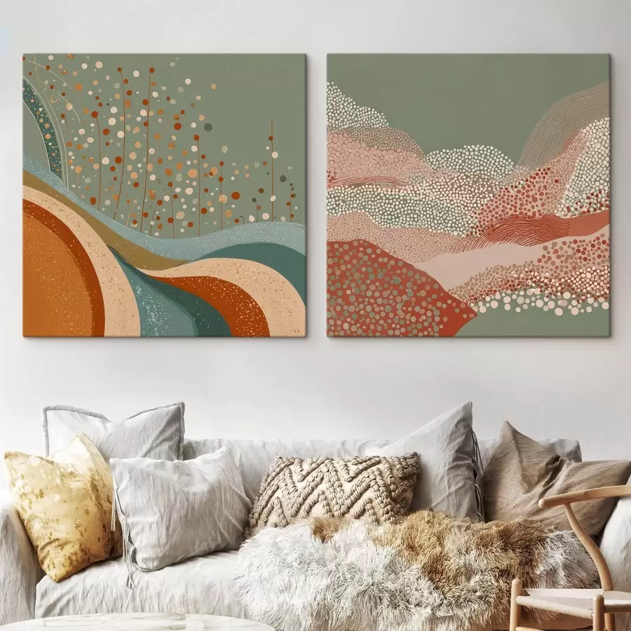 Obraz Dvojdielna abstraktná krajina s bodkovanými a vlnitými prvkami m00987