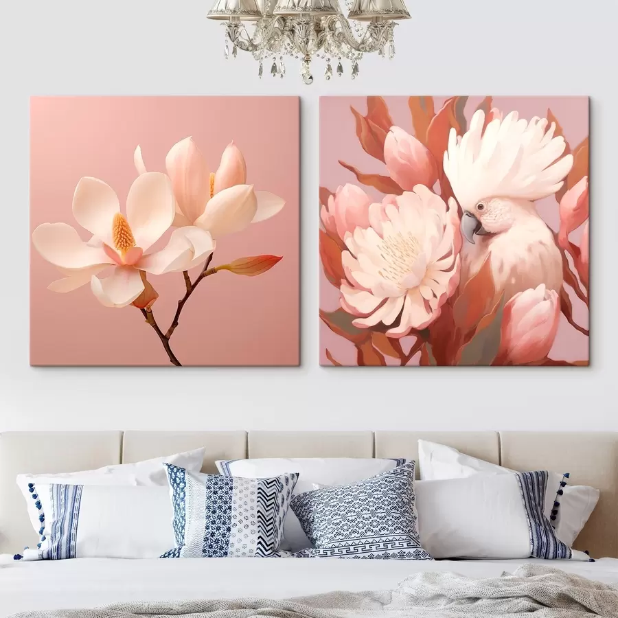 Obraz Kvetinová kompozícia s vtákom v umeleckom ilustračnom štýle m00994