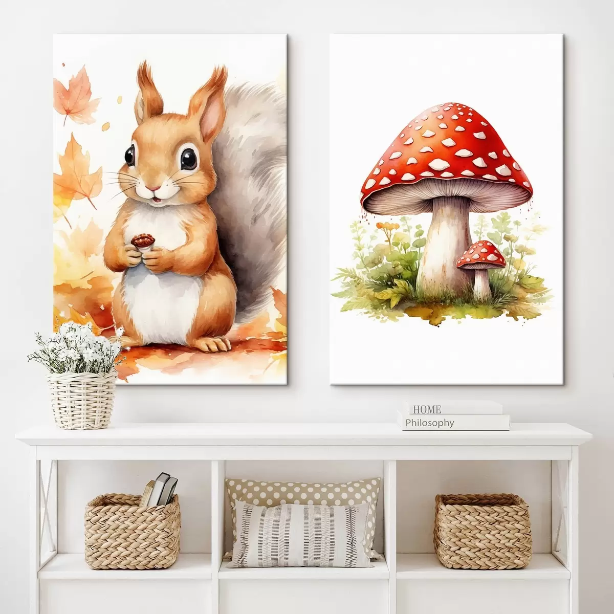 Obraz Veverička a lesná huba, muchotrávka, imitácia akvarelu m01049