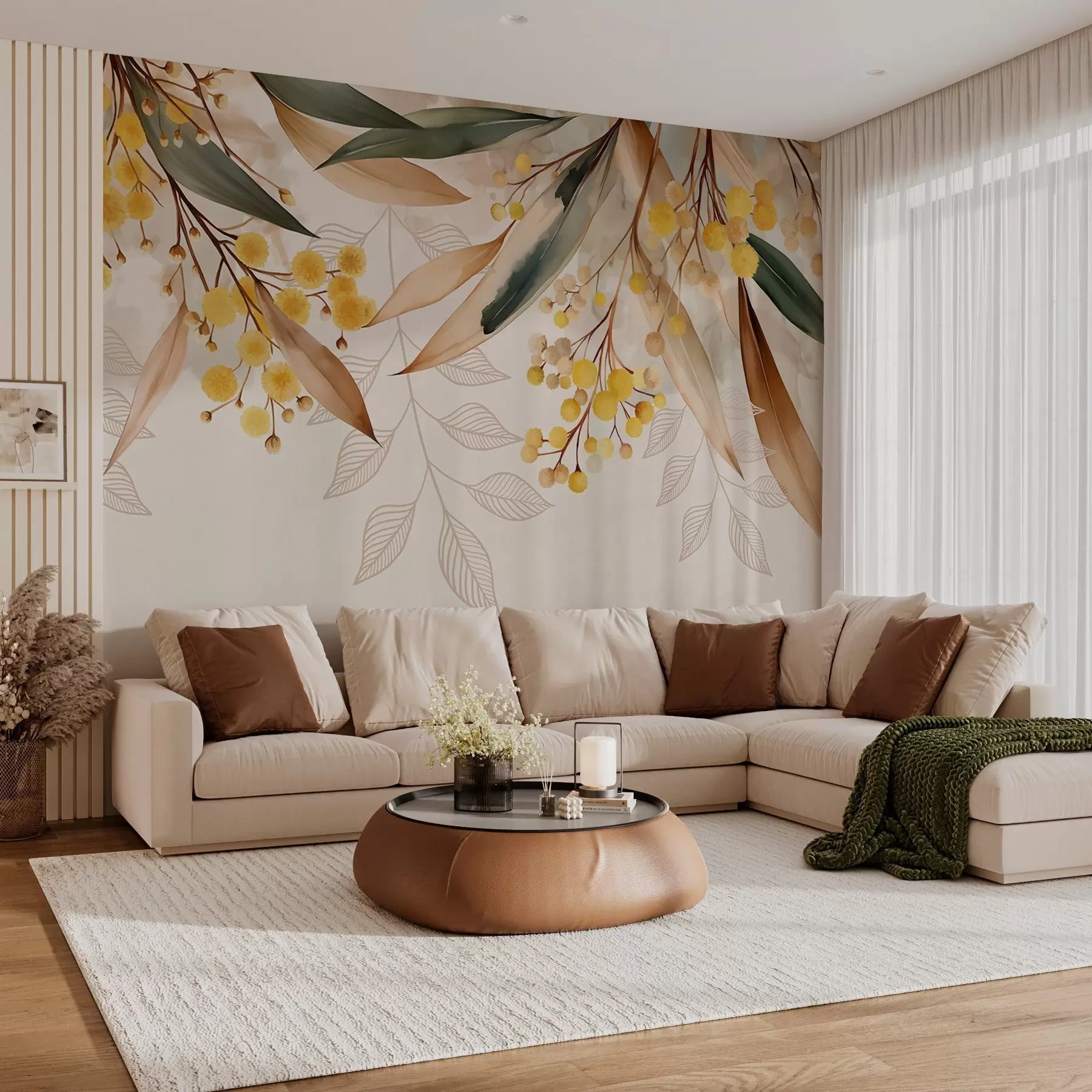 Fototapety kvety a listy mimózy padajúce zhora v akvarelovom štýle w04880